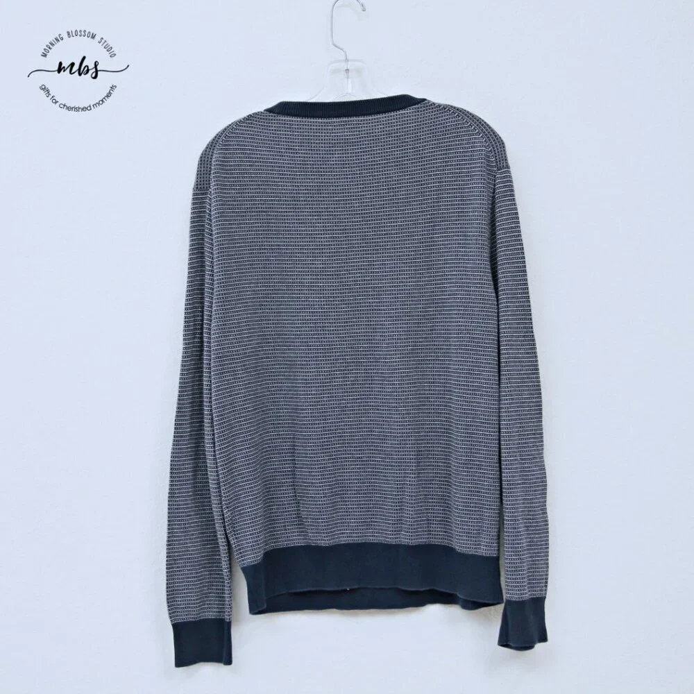 J. Crew Cotton Striped Bird's Eye Stitch Sweater Navy White‎ L
